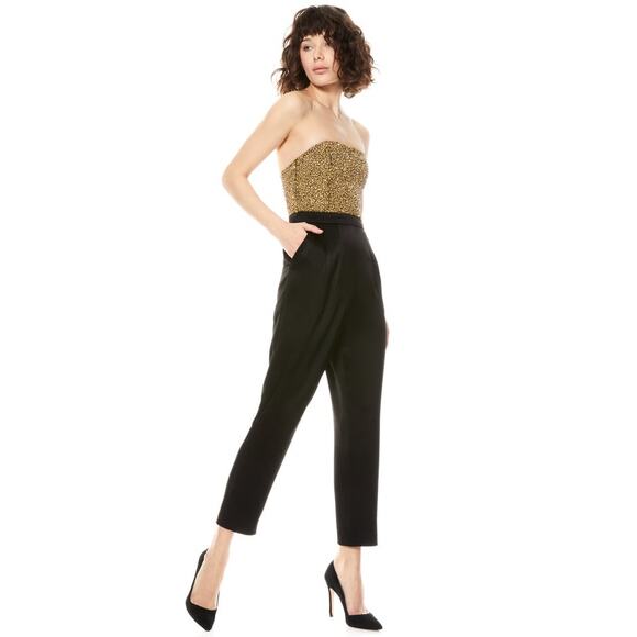 Alice + Olivia Jeri Rhinestone Embellished Strapless Jumpsuit black gold size 2 - Picture 5 of 15